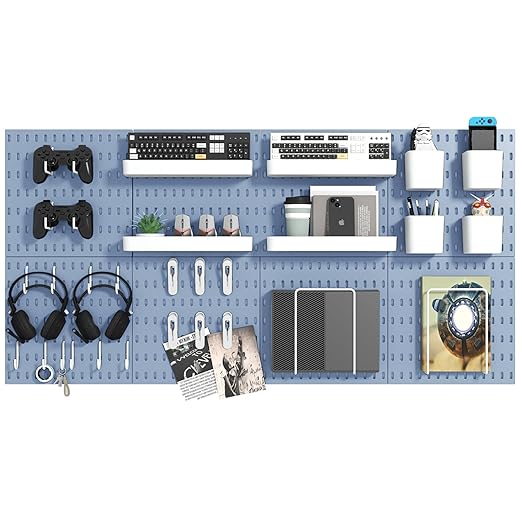 Pegboard Combination Kit, 8 Peg Boards and 30 Accessories Modular Hanging Black Pegboard for Walls, Office Wall Organizer, Keys Holder on Wall, Nursery Storage, 44"x22" Blue