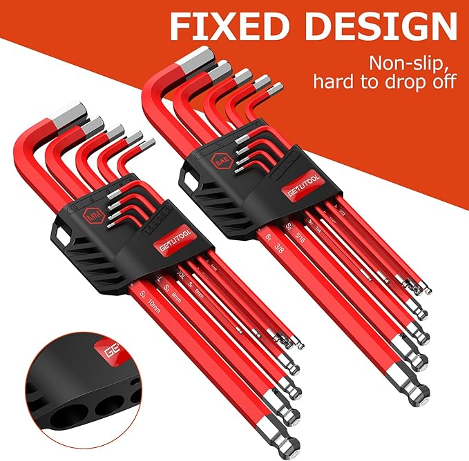 GETLITOOL 18PCS Magnetic Allen Key Set, S2 Steel Long Allen Wrench Set Metric(1.5mm-10mm) & SAE(1/16"-3/8"), Ball End Hex Key L-key with Size-Marked & Torque Handle for Bike Repair, Household DIY