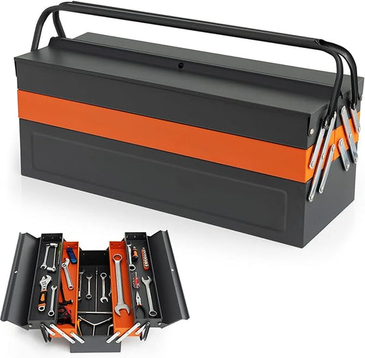 Nightcore 27” x 21” x 8.5” Metal Tool Box, 5-Tray Cantilever Tool Box with 3 Levels Fold Out Organizer Storage, Portable Folding Tool Organizer with Padlock Eyes
