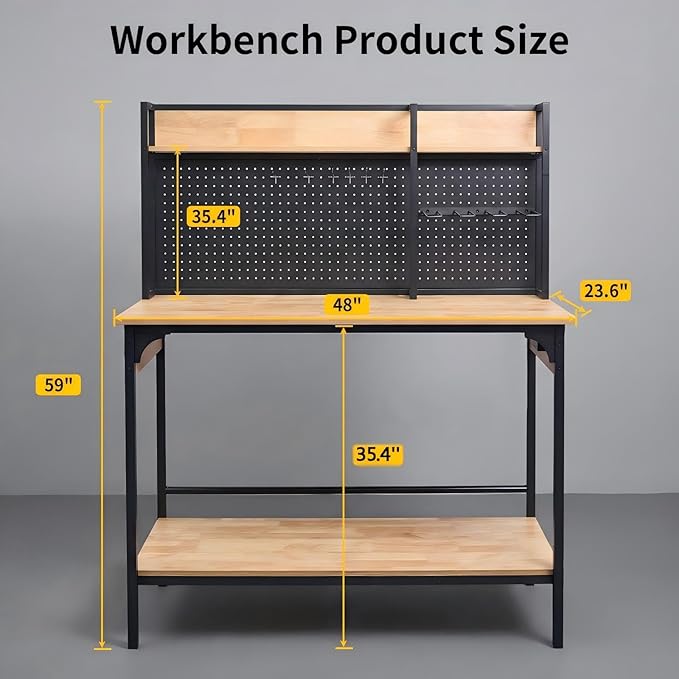 48" Heavy-Duty Garage Workbench with LED Light & Power Outlet, 1200LB Capacity Tool Table with Pegboard, Storage Shelves, USB & Type-C Ports for Woodworking Shop, Garage, Home