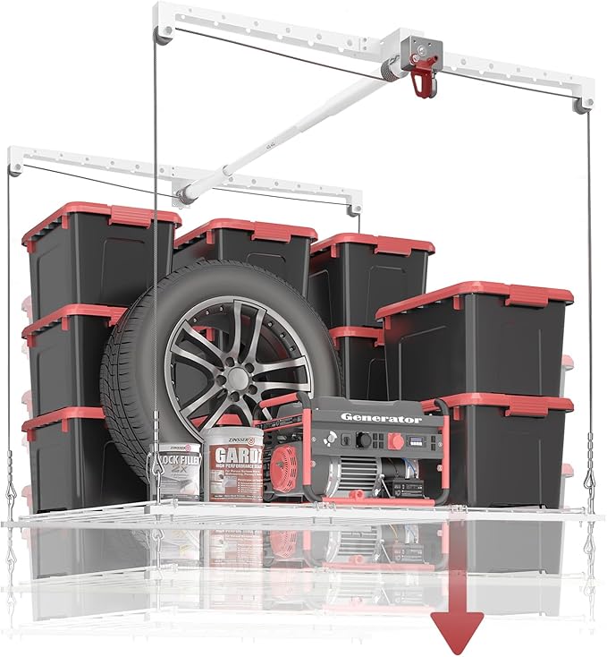 Overhead Garage Storage Rack, Adjustable Heavy-duty 4x4 Ft Ceiling Storage Racks with Safety Lock, Ideal for Garage Storage Lifting Organization System, 250lbs Capacity, White