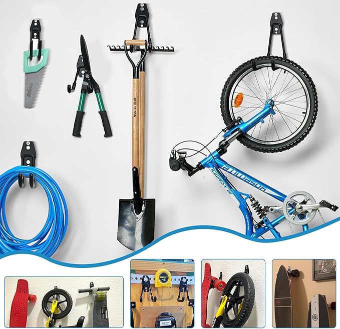 GeeWatom 2 Pack Garage Storage Utility Hooks，Garage Garden Tool Organizer，Steel Wall Mount Hooks, Garden Small U Hooks (Black)