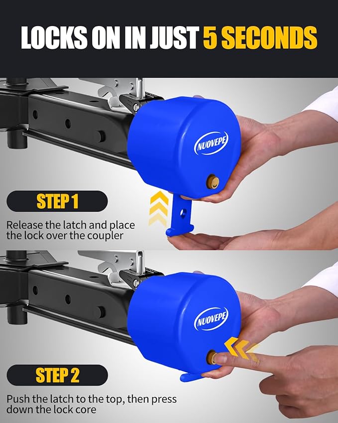 Heavy Duty Anti Theft Trailer Lock, Universal Fit 1-7/8", 2" and 2-5/16" Couplers, Reinforced Solid Steel Tow Lock for Trailer Tongue, Hitch Lock for RV, Cargo, Boat, Camper, Utility (Blue)