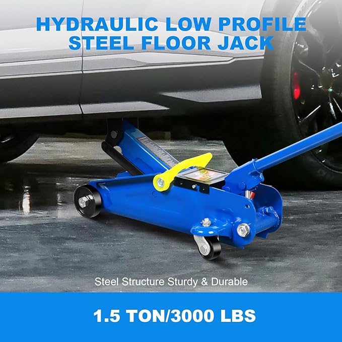 Jack Boss Floor Jack 1.5 Ton (3,000 LBs) Hydraulic Car Jack, Lifting Range from 5.1 Inch to 12.6 Inch, Fits Sedans Automotive Blue