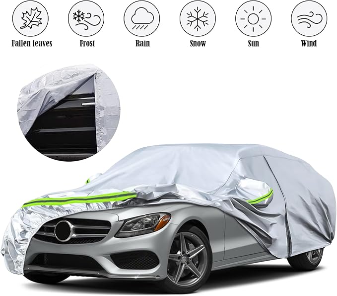 Waterproof Car Covers Replace for 2008-2025 Mercedes Benz C-Class C250 C300 C350, 6 Layers Silver All Weather Car Cover with Zipper Door & Windproof Bands for Snow Rain Dust Protection