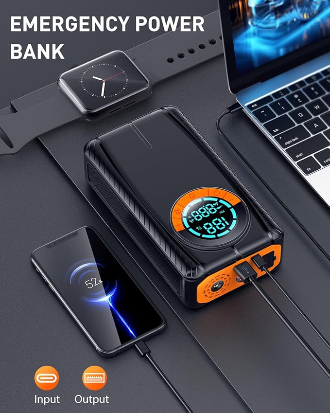 Jump Starter with Air Compressor, Car Battery Jump Starter (8.0 Gas/7.0L Diesel), Battery Jumper Starter Portable Jump Box, 12V Portable Car Jump Starter with Tire Inflator, LED Light (Classic)