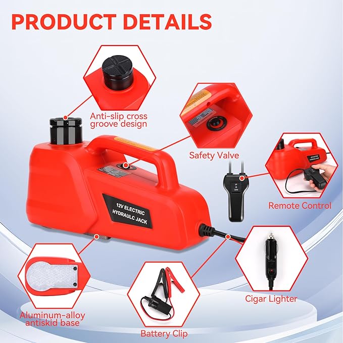 ROGTZ Electric Hydraulic Car Jack Kit 5 Ton 12V Ultra-Portable Auto Car Lift with 17.7 Inch Range for SUV Sedan Truck Repair Floor Jack for Tire Change Lightweight for Easy Storage