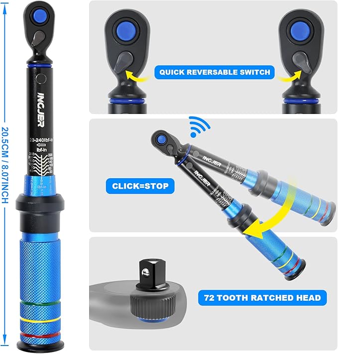Torque Wrench, UPGRADE Mini 1/4" Drive Click Torque Wrench,20-240in.lb,Dual-Direction Adjustable 72 Tooth Click 1/4 InchTorque Wrench Bicycle for Bike, Motorcycle,Professionals & DIYers