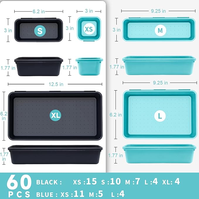 Tool Box Organizer Tray, Toolbox Desk Drawer Organizer, Tool Box Tray, Toolbox Organization Storage for Rolling Tool Chest (60PCS (Blue+Black))