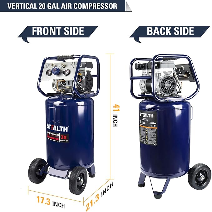 Stealth 20 Gallon Ultra Quiet Air Compressor,1.8 HP Oil-Free Peak 150 PSI 68 Decibel, 5.5 CFM @ 40 PSI 5 CFM @ 90 PSI Silent Long Life Electric Air Compressor W/Wheel for Garage