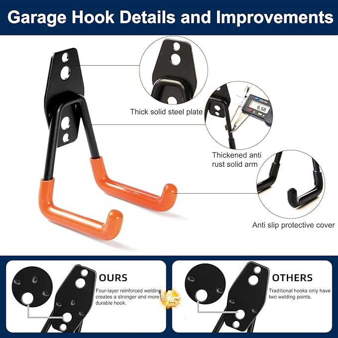 CBWLWJ 6 Pack Heavy Duty Wall Hooks for Hanging - Anti-Slip Coating, Solid Steel 2.8 Inch Small Round Garage Hooks for Ladder, Bikes, Tools and More(Orange)