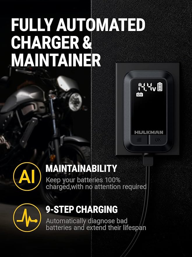 HULKMAN Sigma 1 Car Battery Charger - 1A 6V/12V Automatic Smart Trickle Charger, Battery Maintainer, and Desulfator with Intelligent Interface