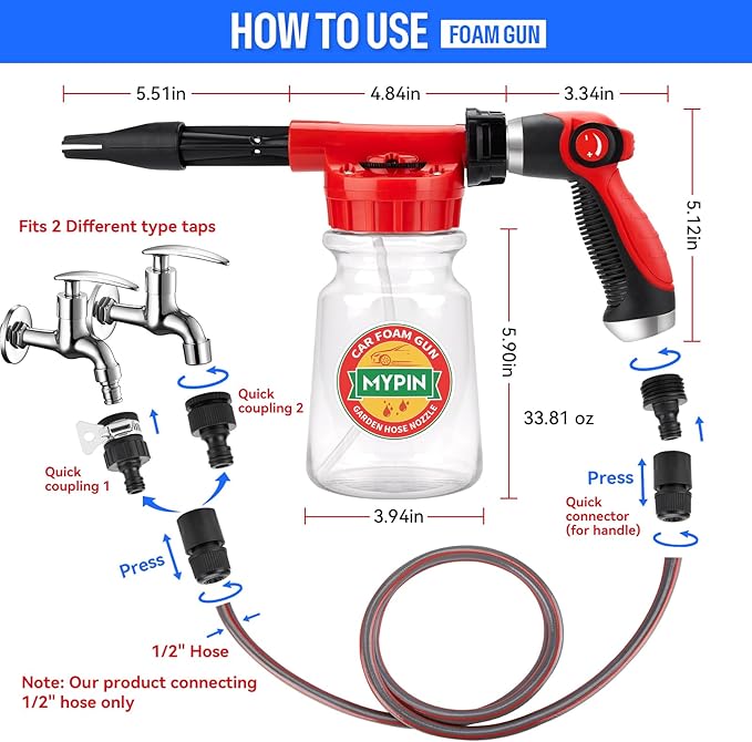 16 IN 1 Car Wash Foam Gun, Foam Cannon, Adjustable Hose Wash Sprayer with 2.5 to 6 Bars Foam Blaster, Suitable for Car Cleaning and Garden Use with 1/2” Quick Connector