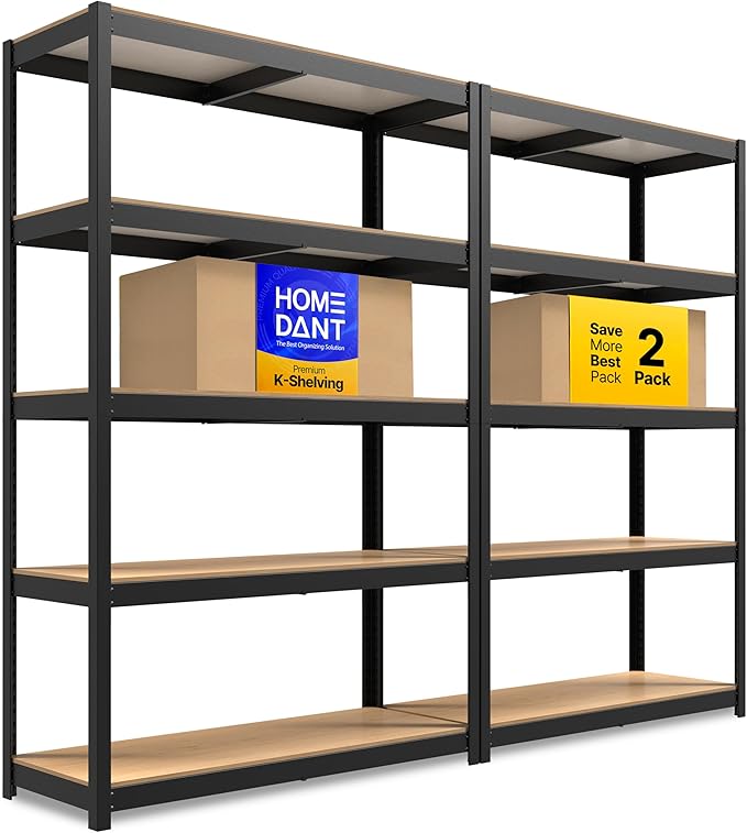 HOMEDANT House 48.1" W 5 Tier Heavy Duty Garage Shelving Adjustable Metal Rack Storage Shelves Standing Shelf Unit Organizers Industrial Warehouse Basement Black 2Pack