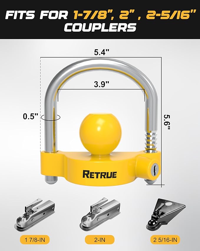 RETRUE Universal Coupler Lock Trailer Locks Ball Hitch Trailer Hitch Lock Adjustable Security Heavy-Duty Steel Fits 1-7/8 Inch, 2 Inch, 2-5/16 Inch Couplers, Bright Yellow, Light Weight