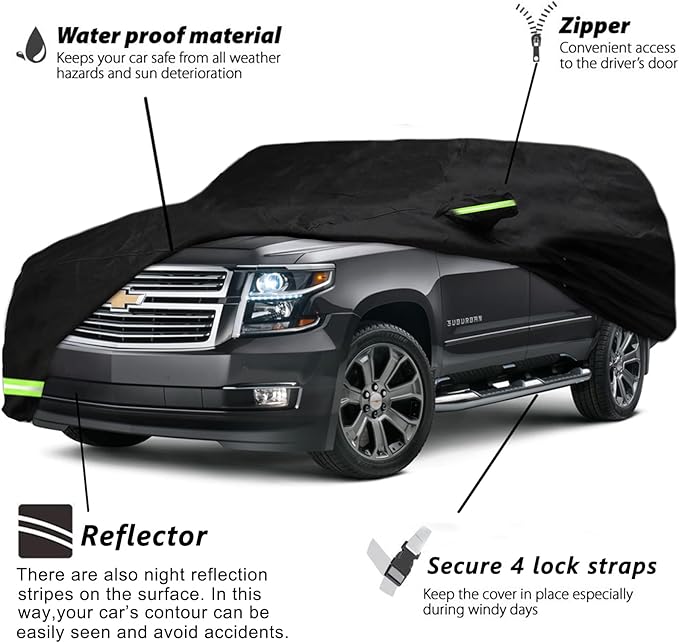 YIXIN Waterproof Car Cover for 2007-2026 Chevy Suburban/GMC Yukon XL/Cadillac Escalade ESV Car Cover Custom Fit 100% Waterproof Windproof Strap & Single Door Zipper Up to 226” L (Black)