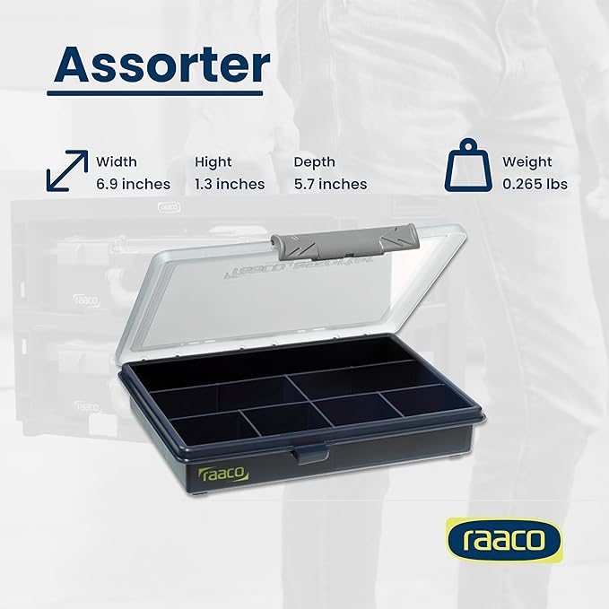 Raaco Assorter Tool Box Organizer – Compact – 7 Slots Fixed Grid with Semi-Transparent Lid, Polypropylene (PP) Storage Box for Screws, Nuts and Bolts, Small Parts & Hardware (Assorter 6-7)