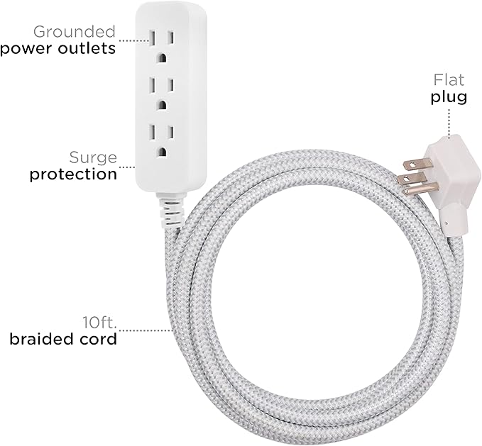 Cordinate 3 Outlet Power Strip Surge Protector Indoor Extension Cord 16 Gauge 10 Ft 3 Prong Braided Extension Cords Flat Extension Cord ETL Listed White 37914