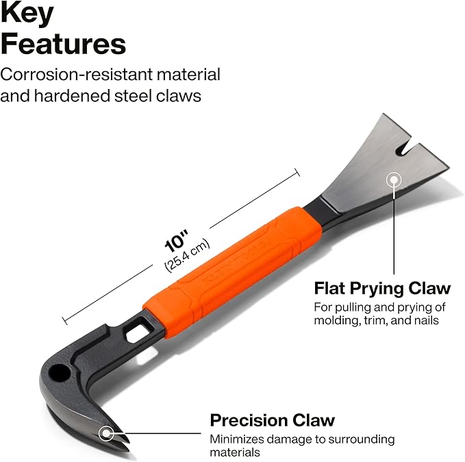 Klein Tools 66101 10-Inch Molding Bar with Integrated Nail Dimpler, Heavy-Duty Carbon Steel Pry Bar, Shock Absorbing Grip