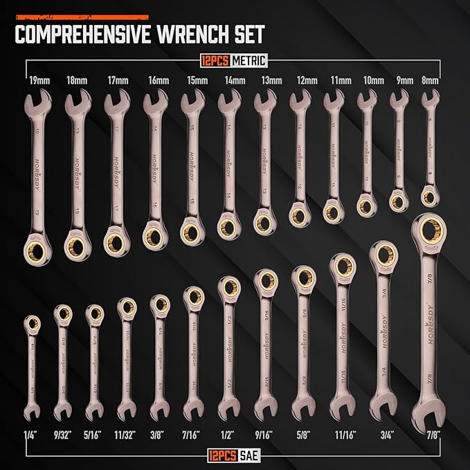 HORUSDY 24-Piece Ratcheting Wrench Set | Metric and SAE | Ratchet Combination Wrenches Set with Organizer | 72-Teeth | Chrome Vanadium Steel | 8-19 mm & 1/4” to 7/8“