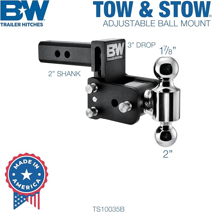 B&W Trailer Hitches Tow & Stow Adjustable Trailer Hitch Ball Mount - Fits 2" Receiver, Dual Ball (1-7/8" x 2"), 3" Drop, 10,000 GTW - TS10035B