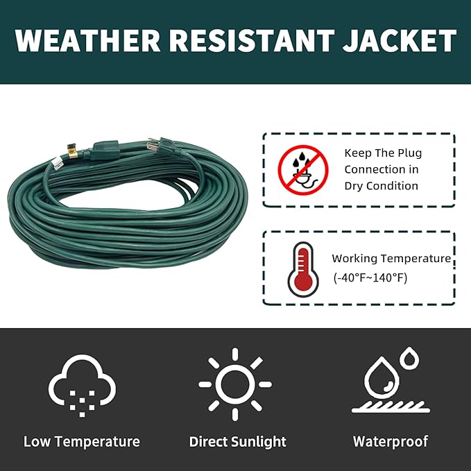 75FT Outdoor Extension Cord-16/3 SJTW Durable Green Extension Cable with 3 Prong Grounded Plug for Safety,Great for Outside Christmas Decorations