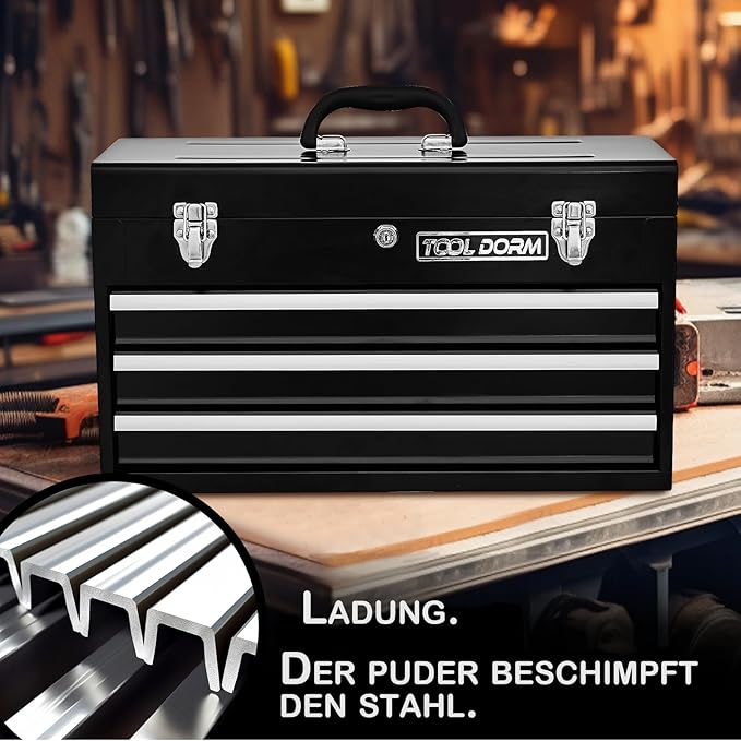 20.3“ Metal Tool Box with Drawers Portable Steel Tool Box with Protective Liner and Latch Closure and Lock for Garage, Home and Warehouse (Black-3 Drawers)