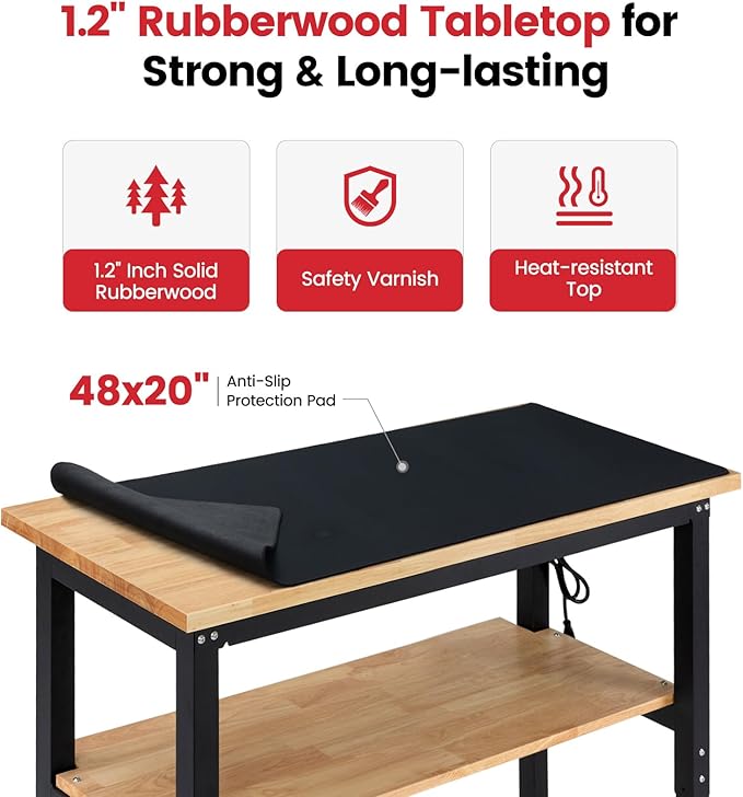 ENJOYWOOD 48" x 20" Adjustable Height Workbench with Under Table Shelf Heavy Duty Rubberwood Top Work Table for Garage, Workshop, Office & Home