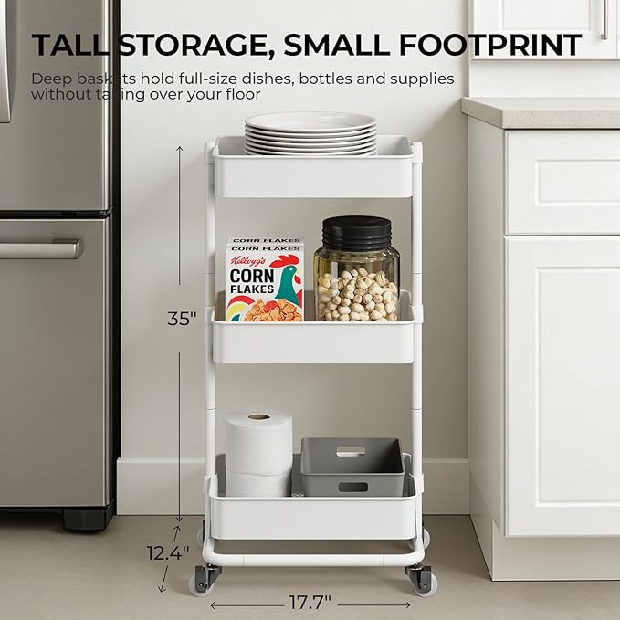 3 Tier Modern Metal Rolling Tool Cart with Silent Casters, 17.72×12.40×35.04 inch Heavy Duty Organization Truck Trolley Organizer for Office, Living Room, Kitchen, (White)