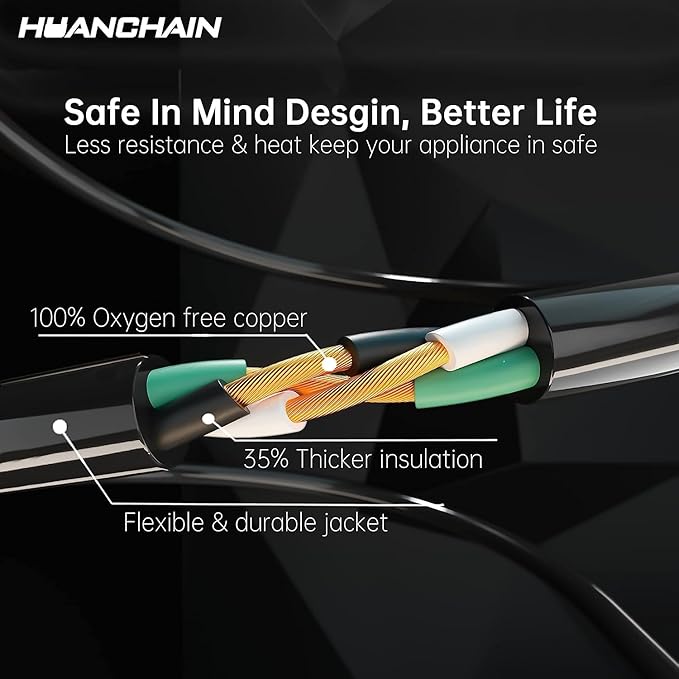 HUANCHAIN 20 FT Outdoor Extension Cord Waterproof, 16/3 Gauge 3 Prong Black Extension Cord Outside, 13A 1625W 16AWG SJTW, Flexible Cold-Resistant Appliance Electric Cable, ETL