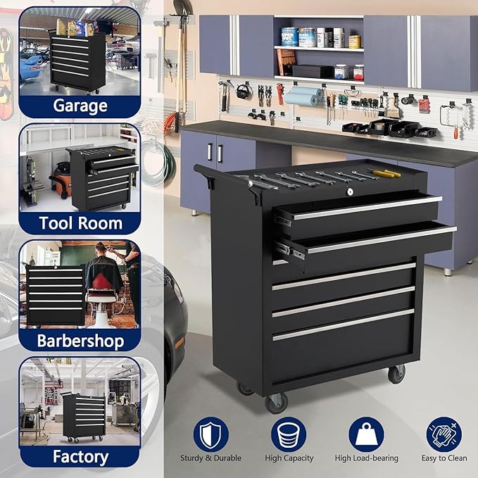 Rolling Tool Box with Wheels, 6 Drawer Tool Storage Cabinet, Portable Toolbox Organizer with Lock, Heavy Duty Tool Chest Cart for Garage, Mechanic, Workshop, Shop, Mobile Tool Organizer, Black
