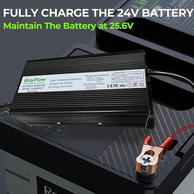 24V 15A LiFePO4 Battery Charger, RoyPow 24V Lithium LiFePO4 Battery Charger 29.2V Lithium Battery Chargers, 15A Smart Battery Maintainer, Designed for 24V LiFePO4 Deep Cycle Rechargeable Batteries