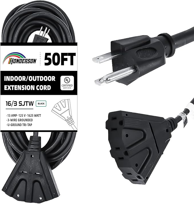 3-Outlets Indoor Outdoor Extension Cord Weatherproof, UL Listed, 16 Gauge 50FT Black 3 Prong Heavy Duty, 16/3 SJTW 13A Power Cord