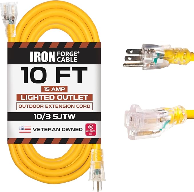 Iron Forge Cable Outdoor Extension Cord 10 Ft - 10 Gauge Outdoor Heavy Duty Extension Cord, 15 AMP, 10/3 Yellow Power Cable SJTW Weatherproof with 3 Prong