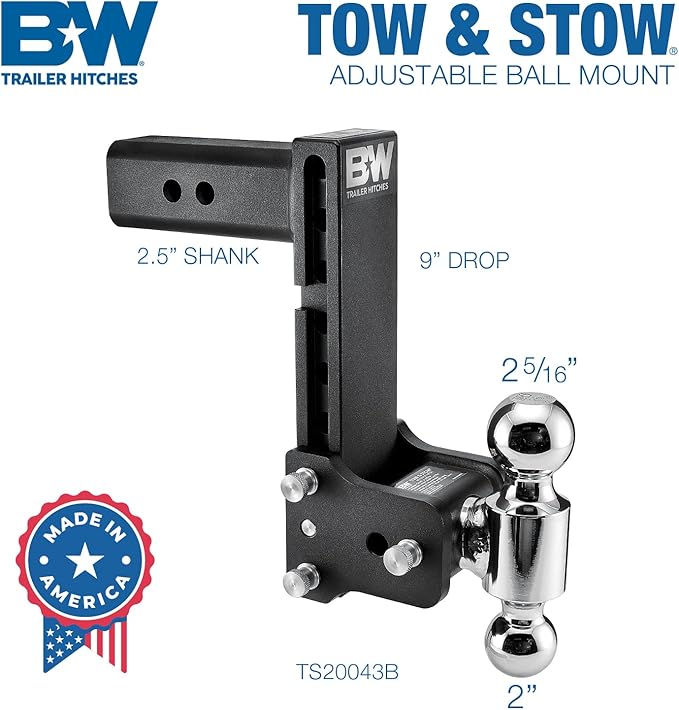 B&W Trailer Hitches Tow & Stow Adjustable Trailer Hitch Ball Mount - Fits 2.5" Receiver, Dual Ball (2" x 2-5/16"), 8.5" Drop, 18,000 GTW - TS20043B