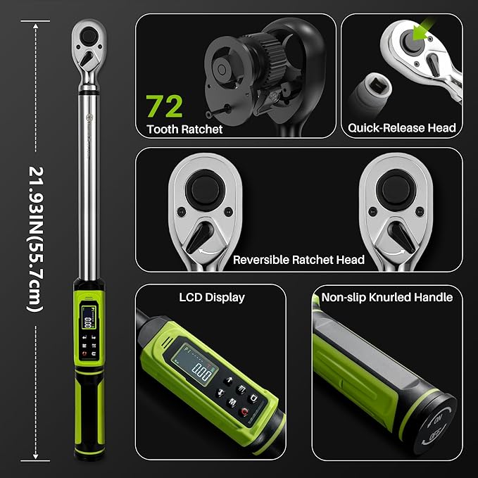 Digital Torque Wrench 1/2"Drive-3.8-250.8Ft.Lb/5.1-340N.m, Electric Torque Wrench With Dual Direction Vibration Buzzer LED Indicator,±2% Accuracy Five Units for Bike Motorcycle Car Auto Repair