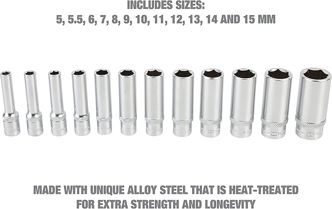 OEMTOOLS 23986 12 Piece Deep 1/4 Drive Socket Set, Deep Socket Set Metric 5-15mm, Heat-Treated Alloy Steel Sockets, Hard Chrome Finish, EVA Tray Storage