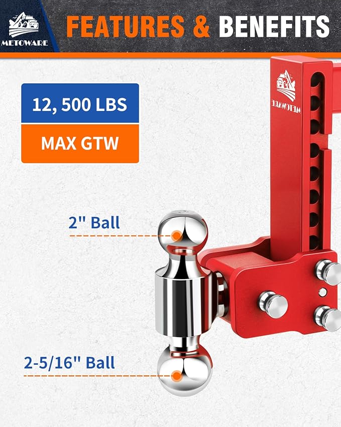 METOWARE Adjustable Trailer Hitches Fits 2 Inch Receiver, Adjustable Ball Mount with 8-Inch Drop/Rise (12,500 LBS GTW), Dual Ball (2'' x 2-5/16'') and Anti-Theft Stainless Steel Trailer Lock (Red)