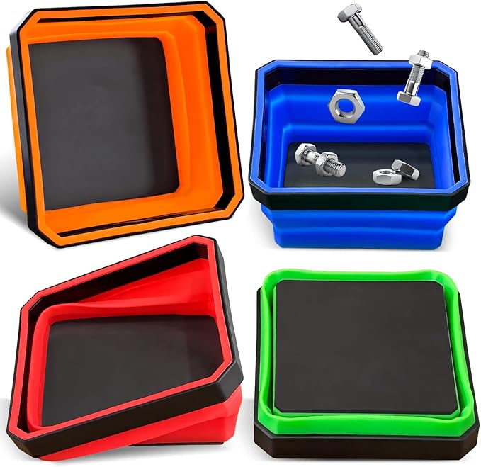 Collapsible Magnetic Parts Tray Set, 4 Pack Foldable Silicone Magnetic Tool Trays for Bolts Screws Nuts & Small Metal Parts, 4.5” Upgraded Square Silicone Bowls with Dual-Sided Magnetic Base