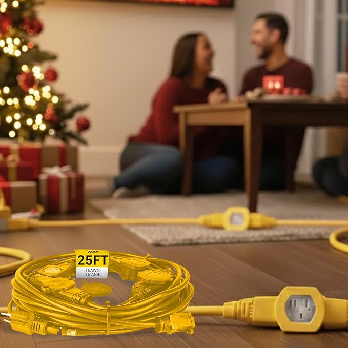 COLSEN Extension Cord with Multiple Outlets – 25 ft Heavy Duty 16 Gauge Power SJTW Cable, 15 Amp 3 Prong 6 NEMA Multi Plug, 16 AWG Male to Female Connector, 5-15R Female Socket, Outdoor/Indoor Yellow