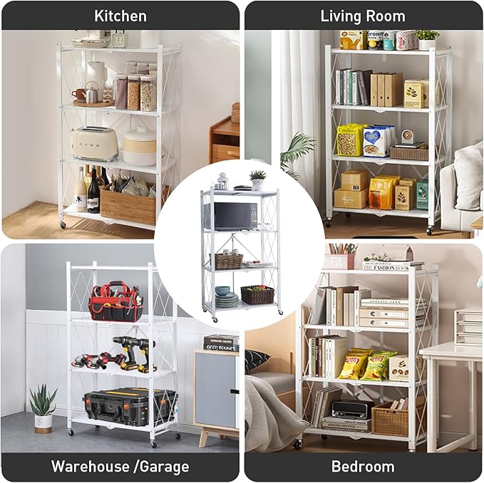 Foldable Storage Shelves with Wheels, Folding Shelving Units Storage, Heavy Duty Metal Collapsible Shelf No Assembly, Large Capacity Pop-Up Organizer for Garage,Kitchen,Living Room, 4-Tier White