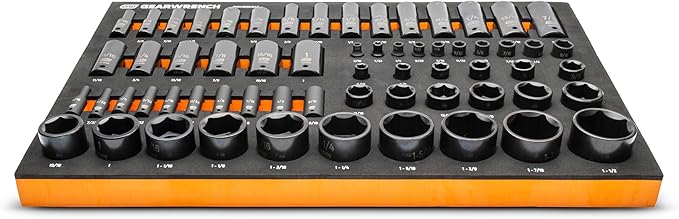 GEARWRENCH 63 Piece 1/4”, 3/8”, 1/2” Drive 6 Point SAE Impact Socket Set in Foam Storage Tray - GWMSISKSAE