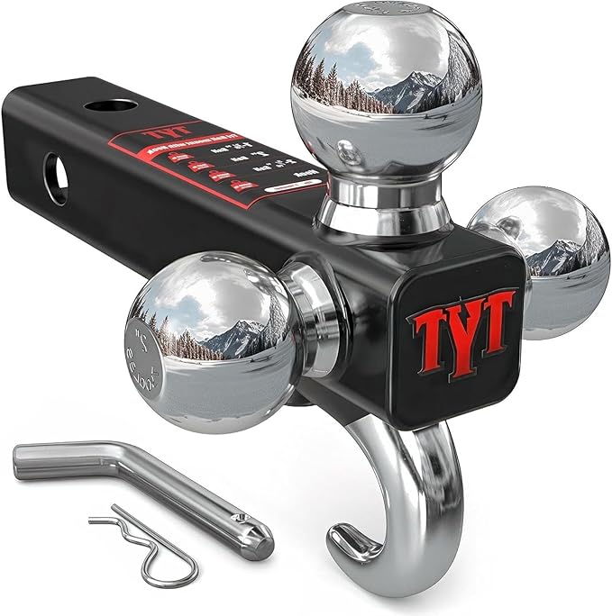 TYT Trailer Hitch Tri Ball Mount with Tow Hook,Fits 2 inch Receiver,1-7/8", 2", 2-5/16"Ball,10,000 lbs GTW,1,000 lbs TW,with Hitch pin