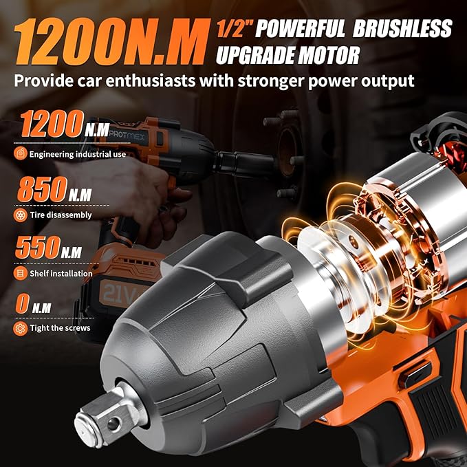 Protmex Cordless Impact Wrench, 900Ft-lbs (1200N.m) 1/2" Brushless Impact Gun, 21V High Torque Power Impact Driver, 2x4.0Ah Batteries Electric Impact Motor Variable Speeds for Car/Pickup Truck/Mower