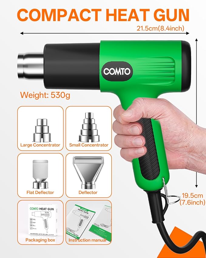 1600W Heat Gun, Hot Air Gun with 2 Temp Settings, 4 Nozzles, Overheat Protection, for Shrink Tubing, Shrink Wrap, Crafting, Resin, and DIY Projects - Green