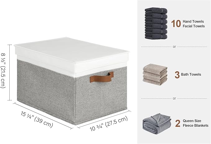 StorageWorks Decorative Storage Boxes with PU Handles, Storage Bins with Lids, Foldable Storage Baskets for Closet, Shelves, Stackable, Gray and White, 3-Pack