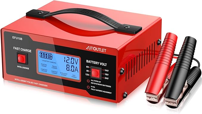 AUTOUTLET Upgraded 8 Volt Battery Charger for Golf Cart Automotive Battery Charger and Maintainer 0-14A with Cable Clamps for 6/8/12/14/16/24V Lead-Acid Batteries