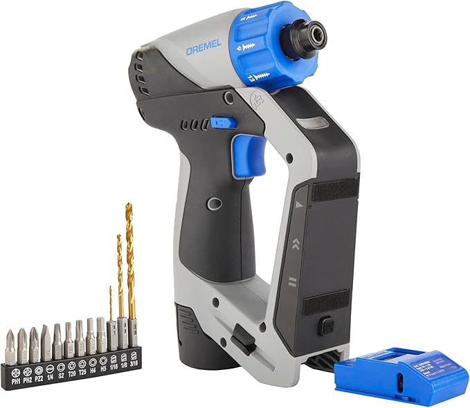 Dremel Blueprint 3in1 Drill Driver with Integrated Stud Finder and Detachable Laser Level, Cordless Drill Set Includes 2.0 Ah Battery, Fast Charger, and 12 Bits (DD12V-S1)