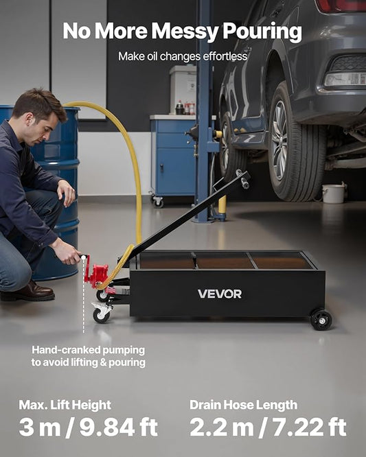VEVOR Low Profile Oil Drain Pan, 25 Gallon Capacity, Rolling Oil Drain Pan with Manual Pump, 7.2 ft Hose & T Folding Handle, Leak-Proof & Corrosion-Resistant, Fit for Cars, SUVs, Trucks, ATVs, Black