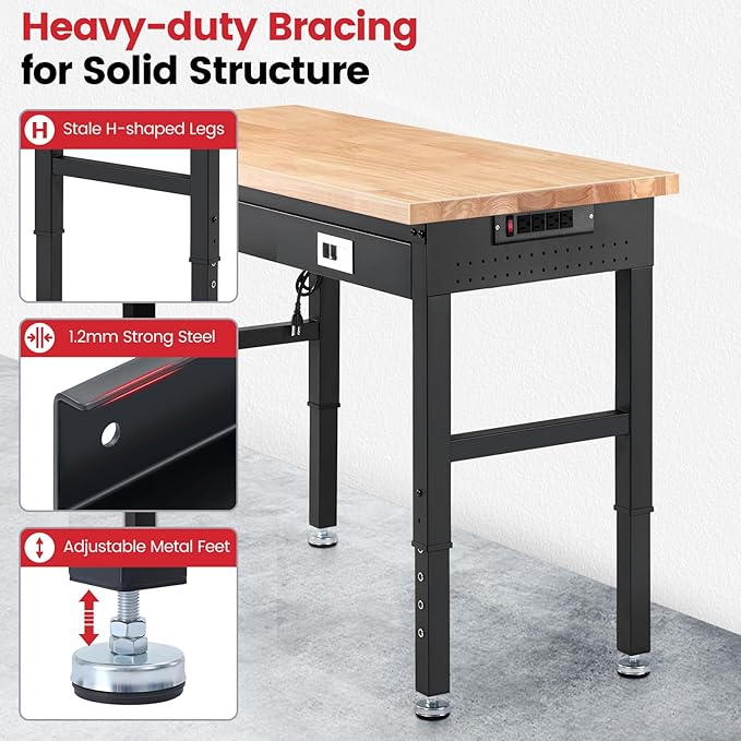 ENJOYWOOD 48" x 24" Heavy Duty Workbench Adjustable Height Garage Work Table with Solid Rubberwood Top, Drawer & Power Outlets for Workshop, Home & Office